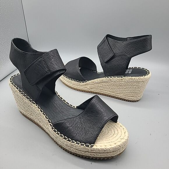 Eileen Fisher Weslia Sz 9.5 Sandals Espadrille WedgeBlack Leather Coastal New